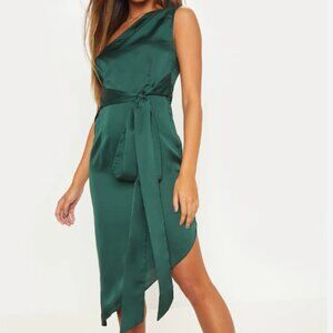 NWT Pretty Little Thing Green Satin One Shoulder Asymmetric Hem Midi Dress
